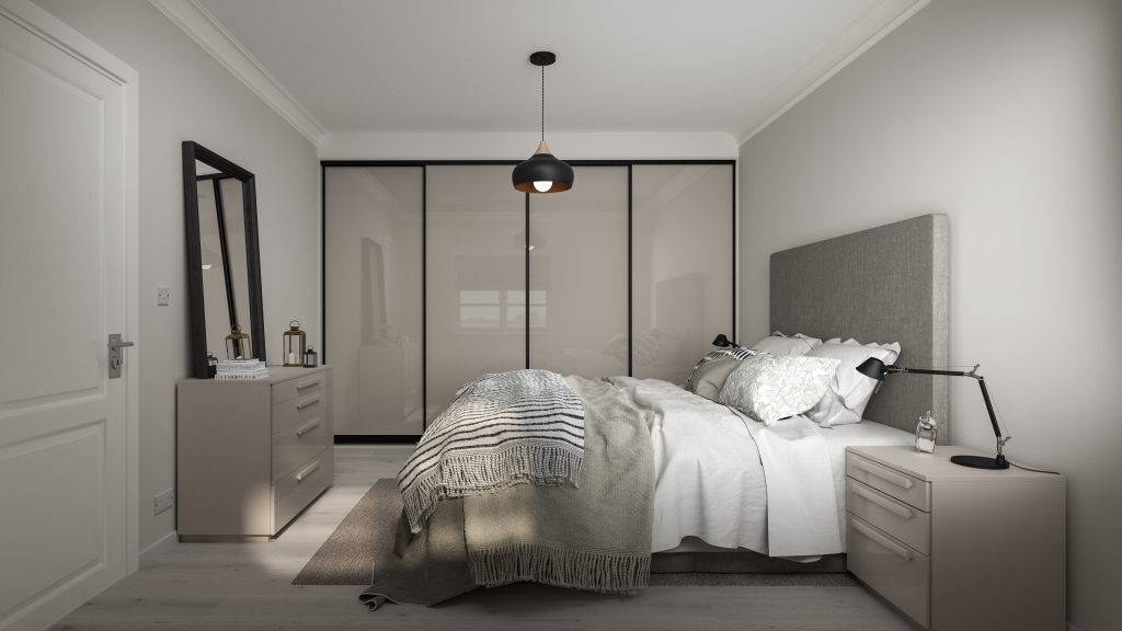 Curve frame in black gloss, stone grey glass doors and matt cashmere liners Curve frame in black gloss, stone grey glass doors and matt cashmere liners – 'Fitted furniture in Manchester'