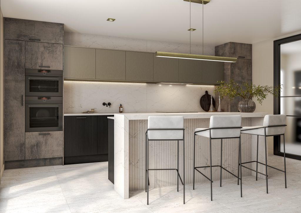 Unity Banham concrete, Black Liner Woodgrain & Brushed Champagne – 'Built-in kitchen storage Manchester'